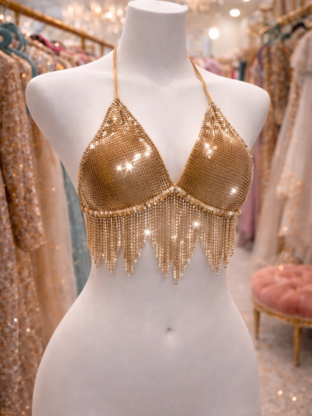 Gold Sequin RHINESTONE Fringe Halter Top BRA